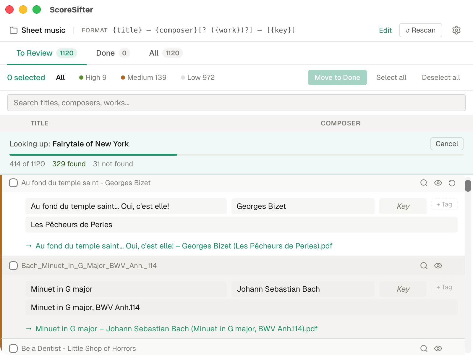 ScoreSifter showing auto-lookup in progress