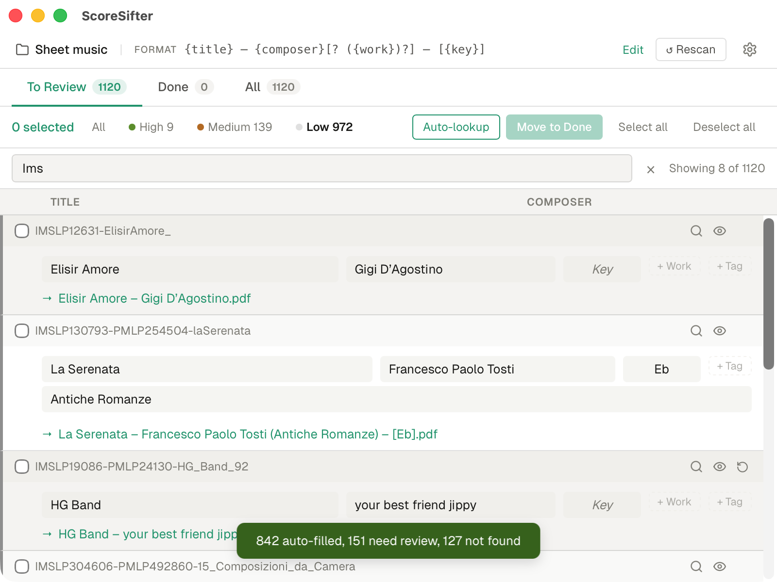 ScoreSifter auto-lookup results toast