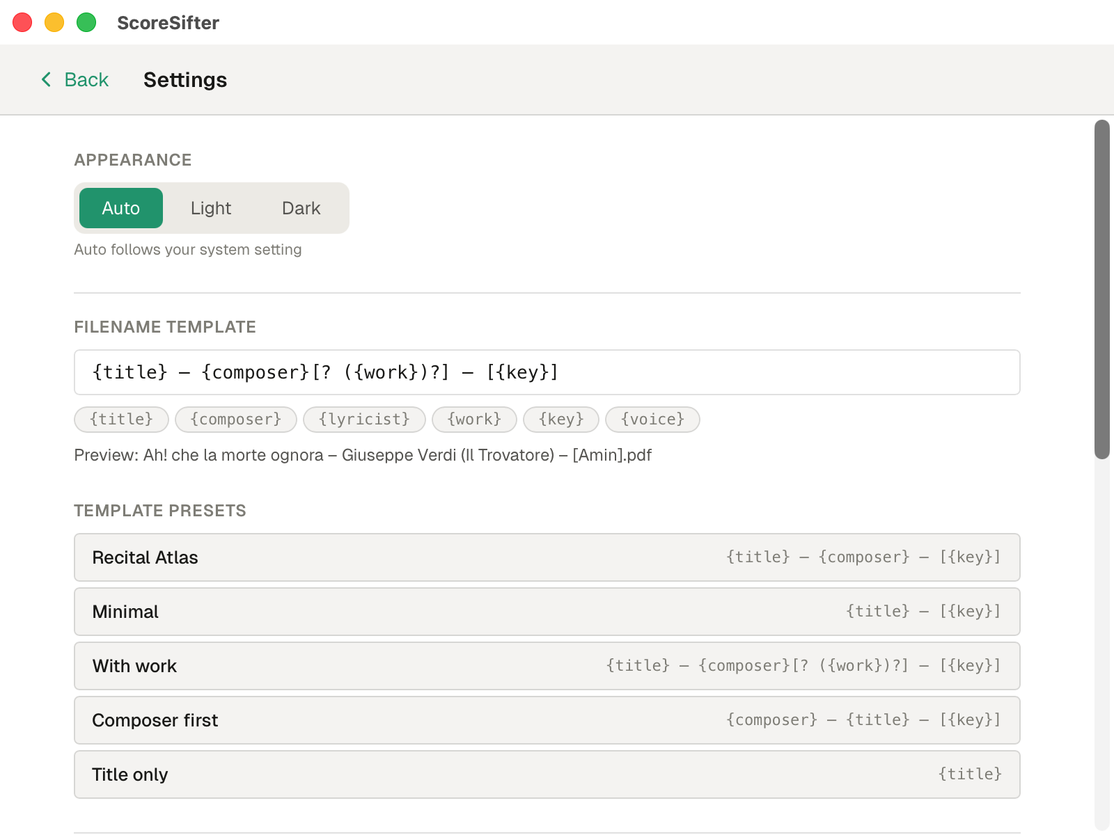ScoreSifter settings with template presets
