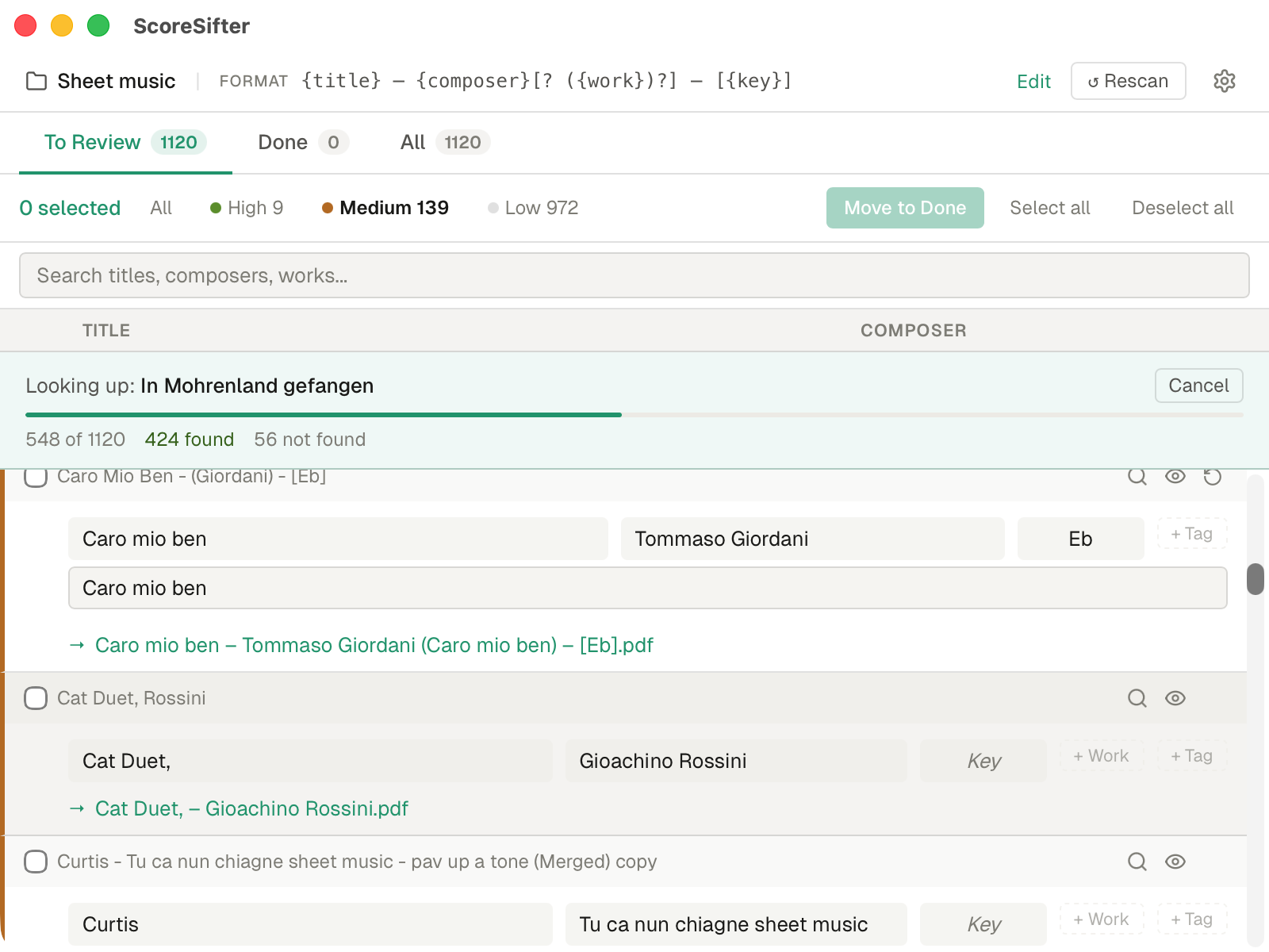 ScoreSifter showing varied repertoire