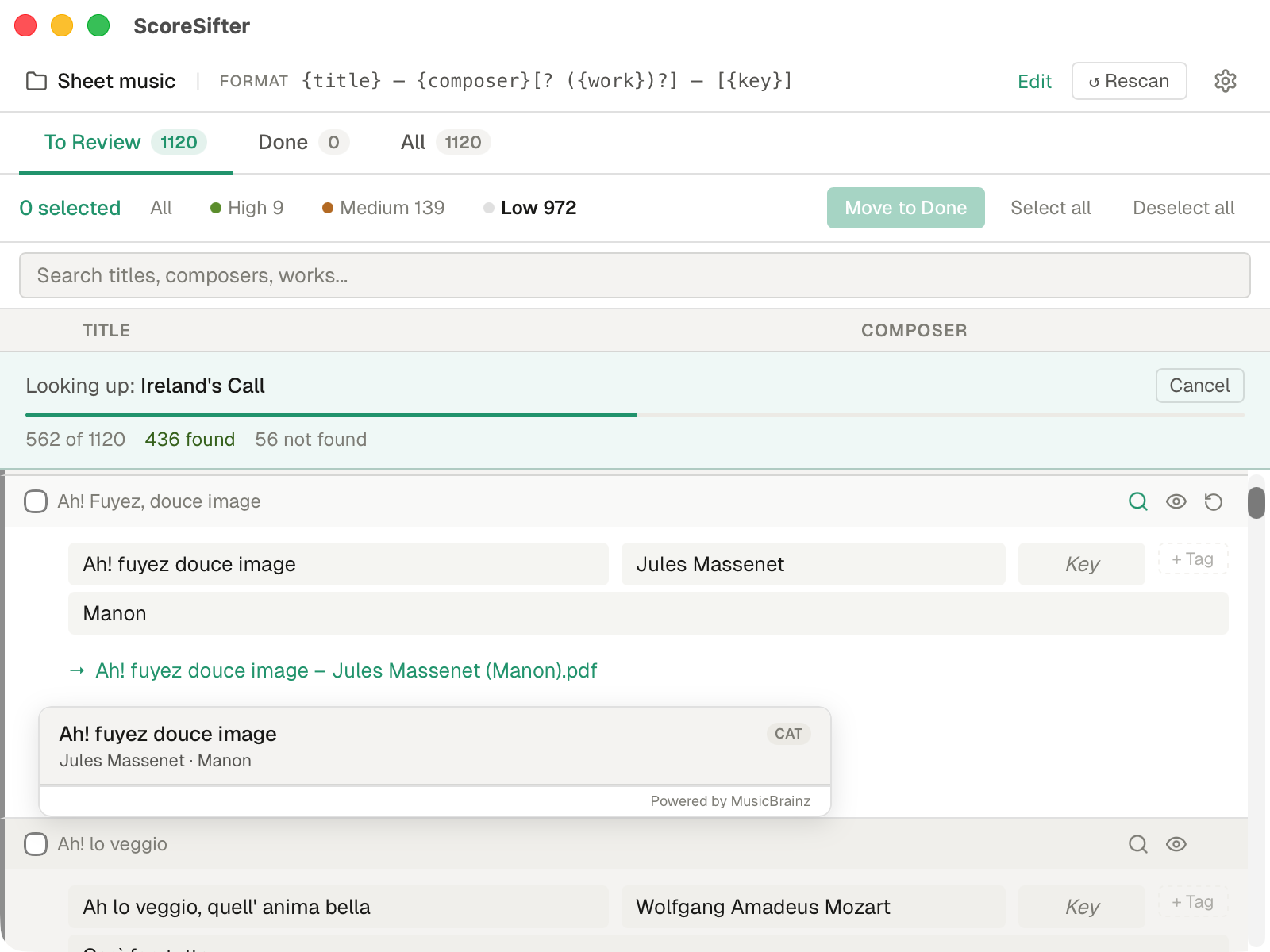 ScoreSifter catalogue lookup dropdown
