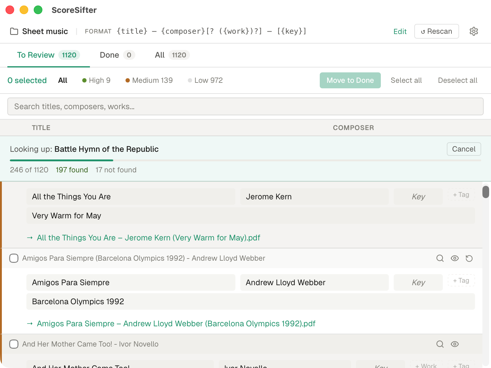 ScoreSifter after scanning a folder